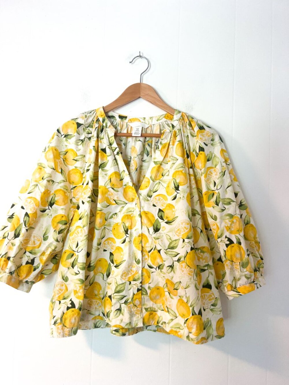 H&M Lemon Print Cotton Blouse Top Yellow White Puff Sleeve Button Front size M - Picture 6 of 12
